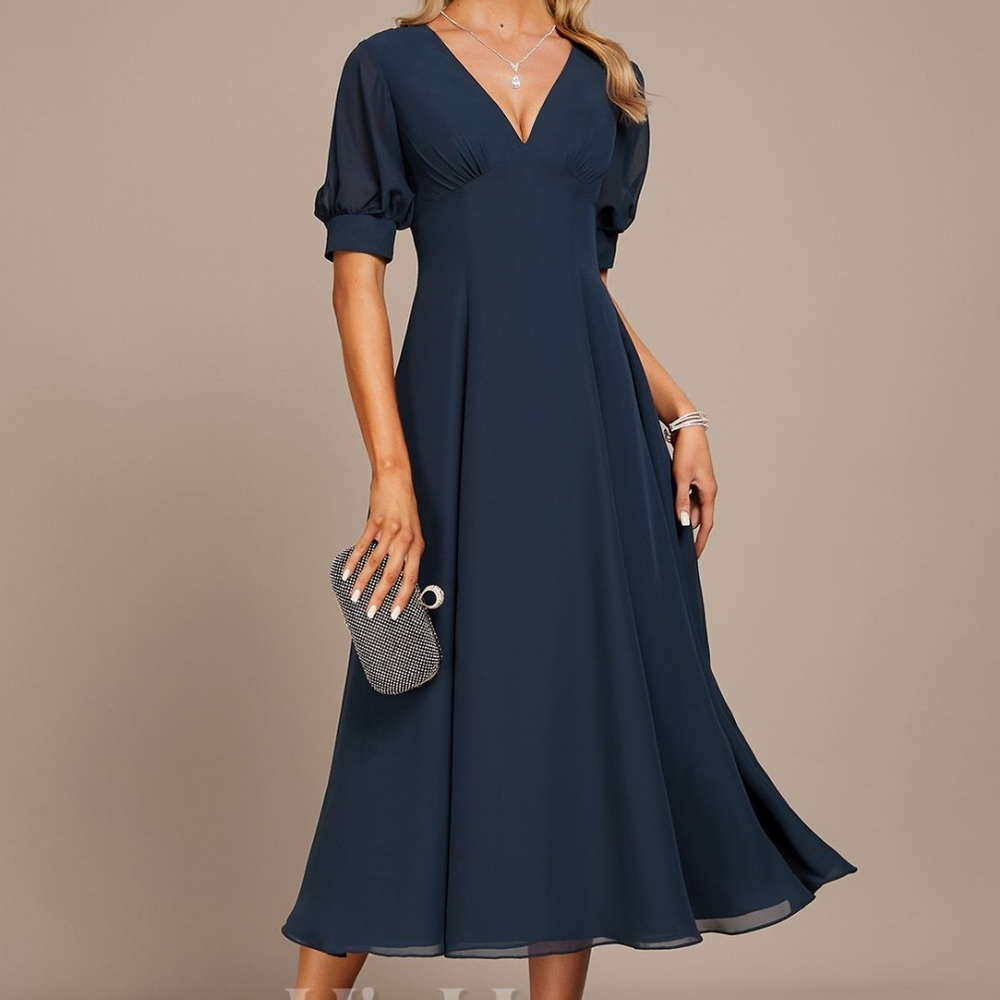JJs House A-line V-Neck Tea-Length Chiffon Evening Dress in Dark Navy